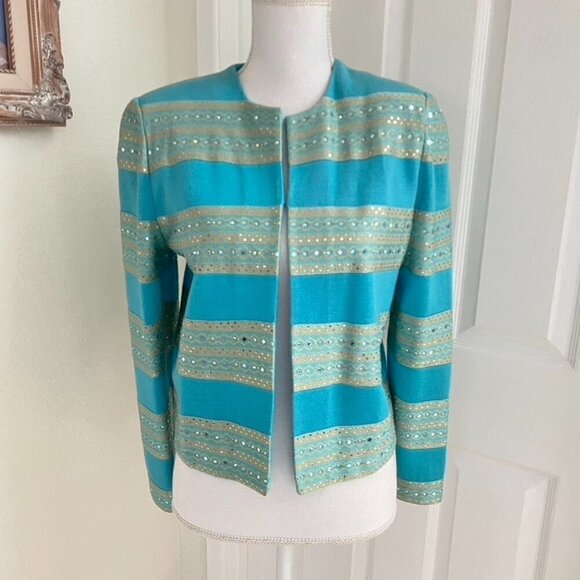 Vintage Y2K St. John Collection Turquoise Sequin Knit Crop Blazer Pants Set Size - Picture 3 of 16